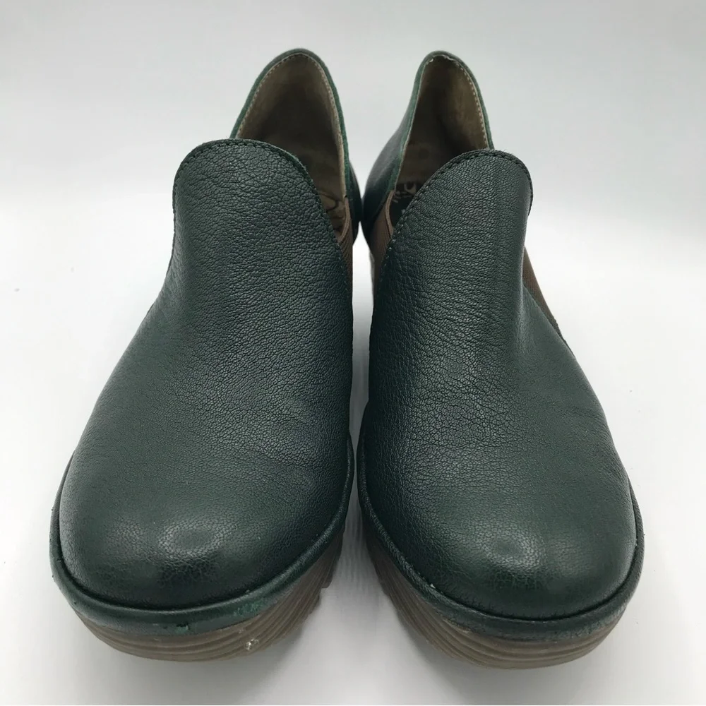 Fly London Shoes YUA Women's 39 US 8-8.5 Platform Wedges Green Leather Bootie